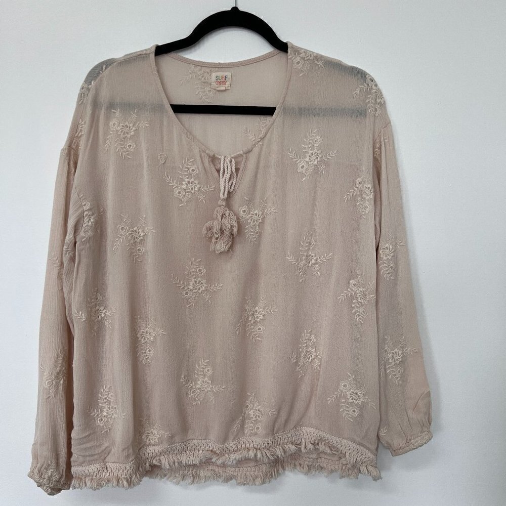 Surf Gypsy Boho Embroidered Peasant Blouse Fringe Hem Sz S